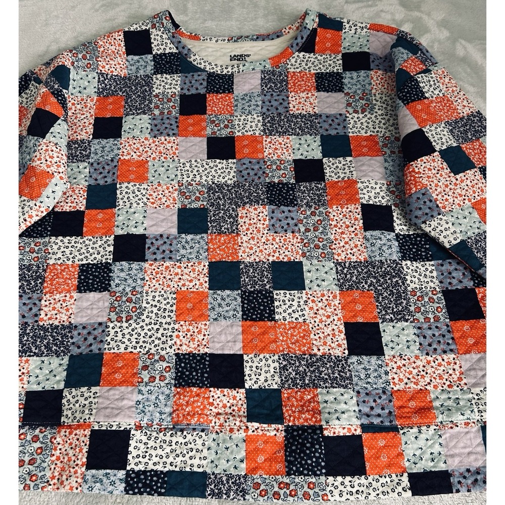 Lands End Patchwork Sweatshirt L Quilted Floral Cottagecore Grandmacore Cabin